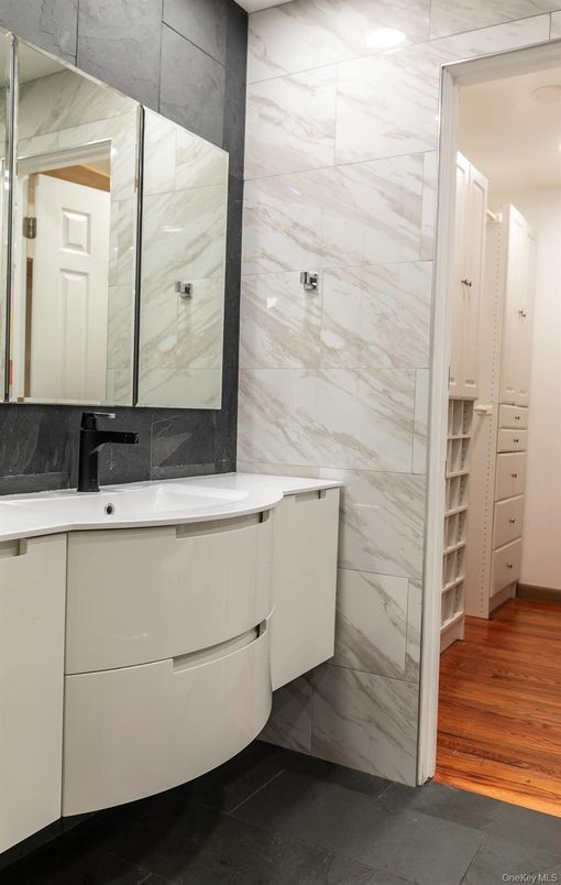 Bathroom, Interior, Marble Walls, Wood Texture Flooring