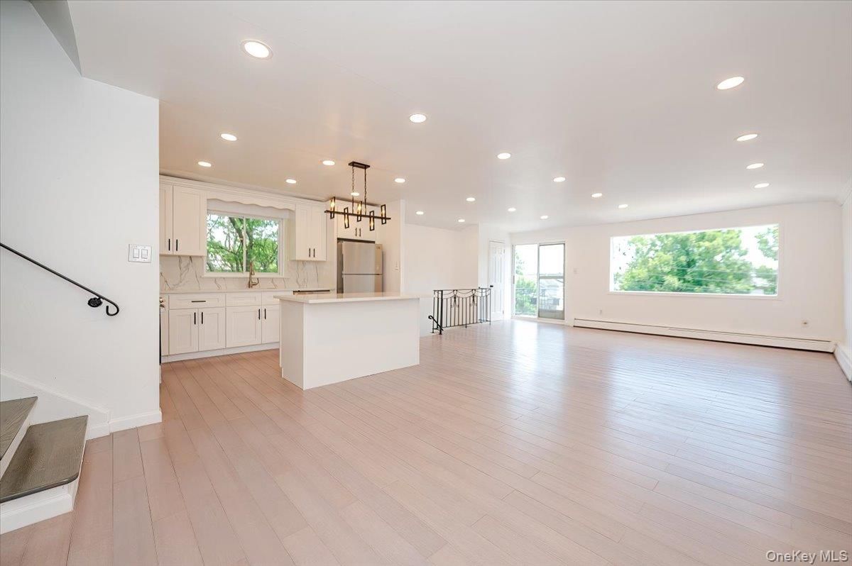 Empty room, Interior, Kitchen, Pendant Lights, Recessed Lighting, Wood Texture Flooring