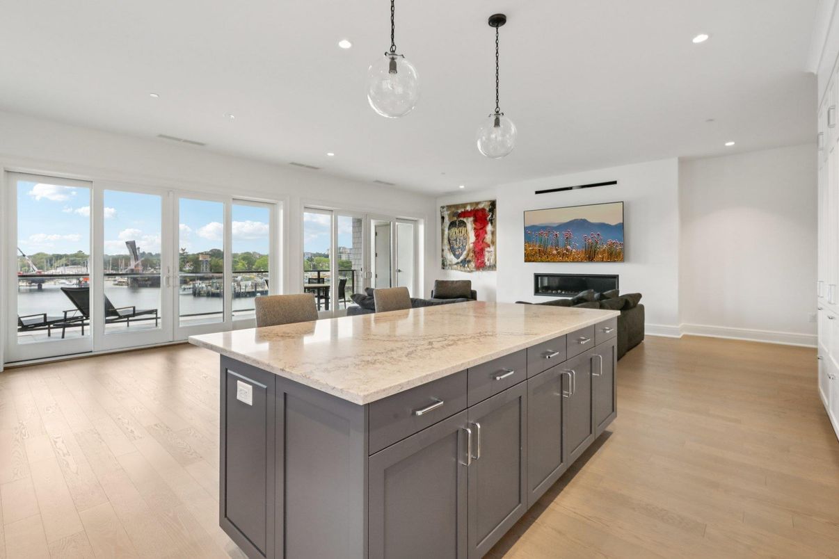 Interior, Kitchen, Pendant Lights, Recessed Lighting, Water, Wood Texture Flooring