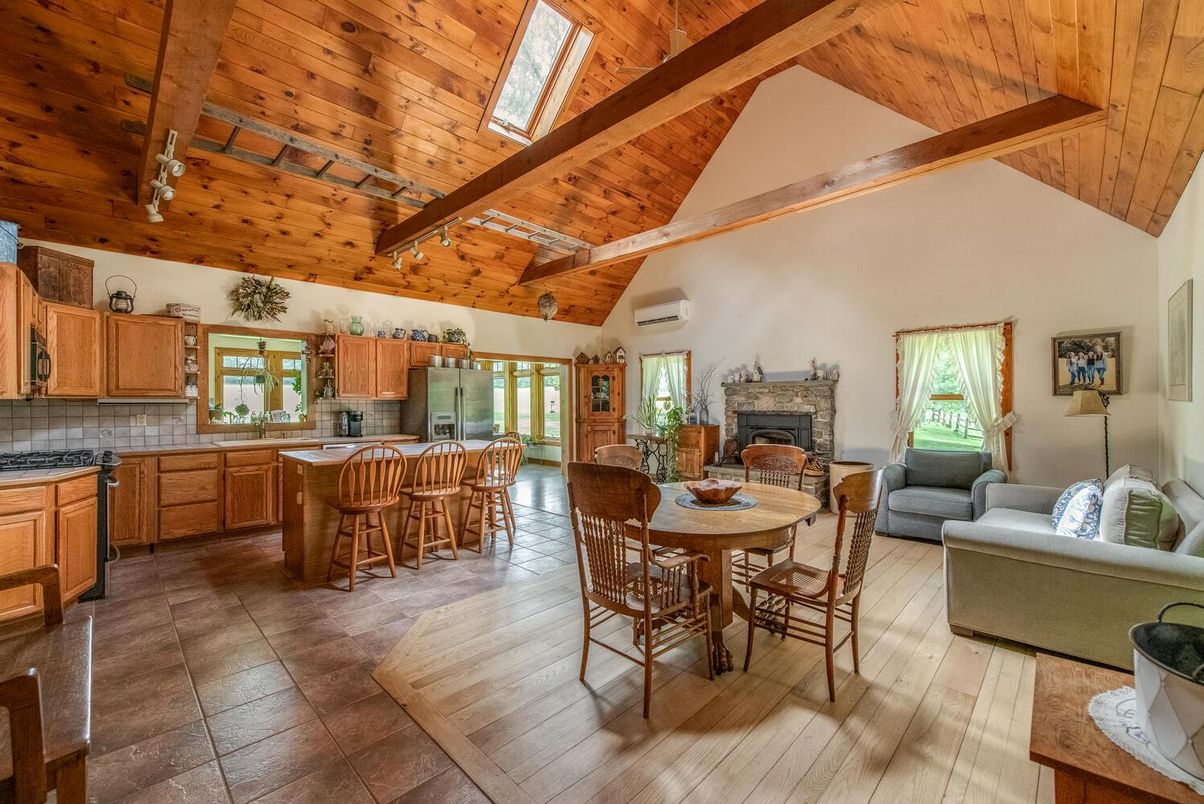 Dining room, Fireplace, Interior, Kitchen, Living room, Wooden Beams, Wooden Ceilings, Wood Texture Flooring