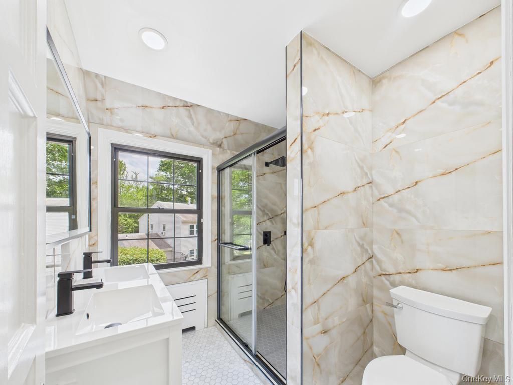 Bathroom, Glass Shower, Interior, Marble Walls, Recessed Lighting