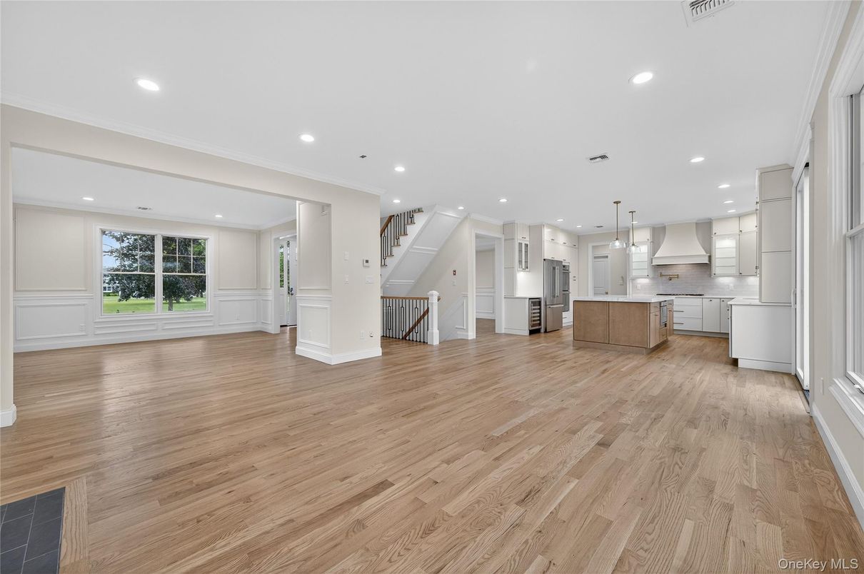 Empty room, Interior, Kitchen, Pendant Lights, Recessed Lighting, Wood Texture Flooring