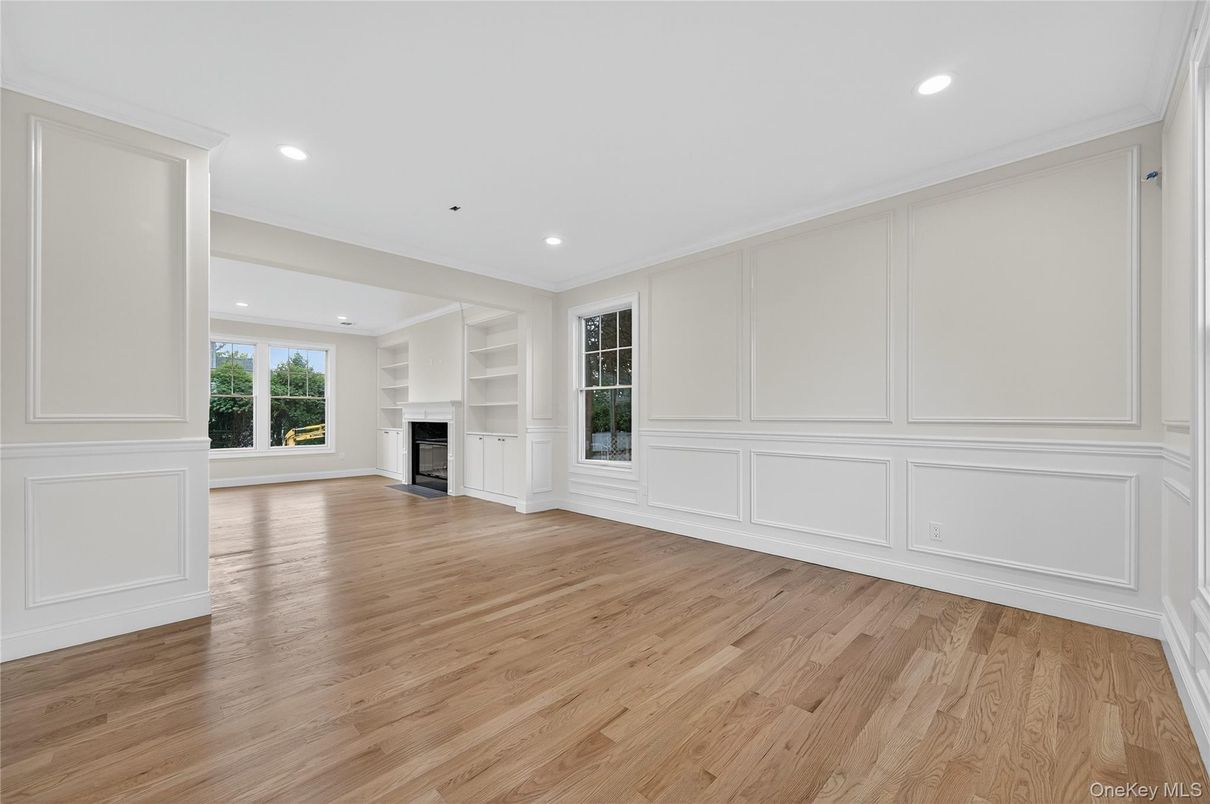 Empty room, Fireplace, Interior, Recessed Lighting, Wood Texture Flooring