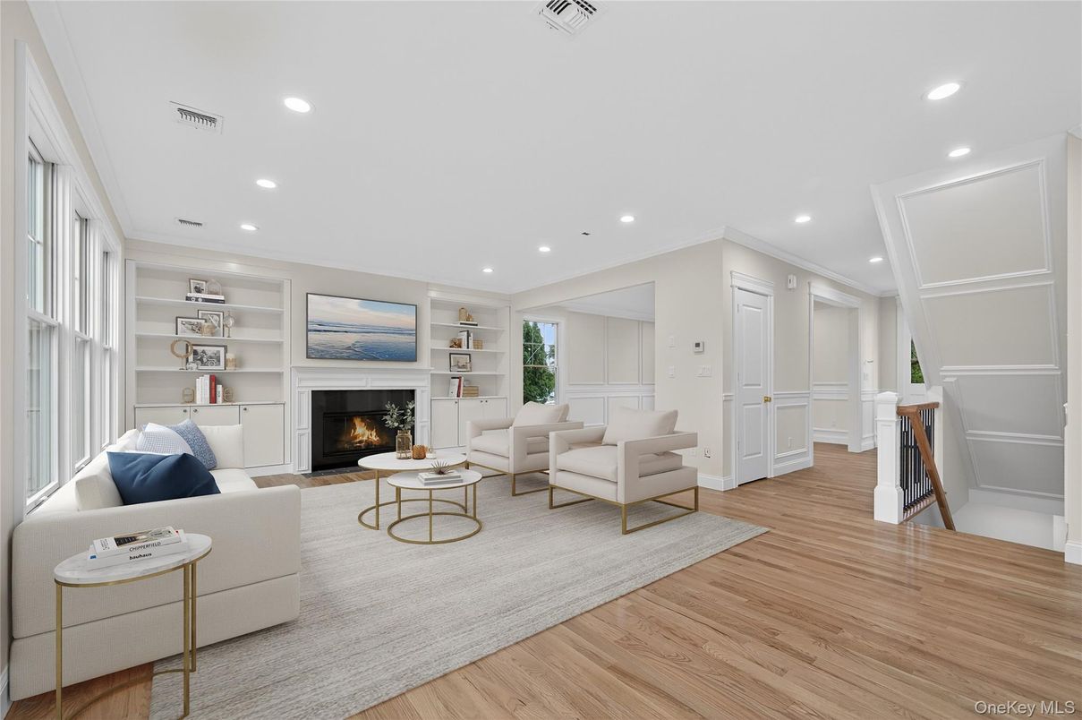 Fireplace, Interior, Living room, Recessed Lighting, Wood Texture Flooring