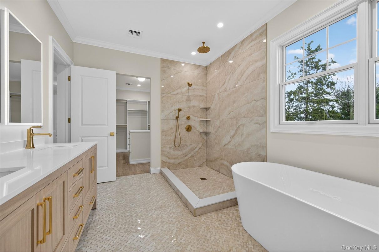 Bathroom, Dual Sink Vanities, Free Standing Baths, Interior, Marble Walls, Recessed Lighting