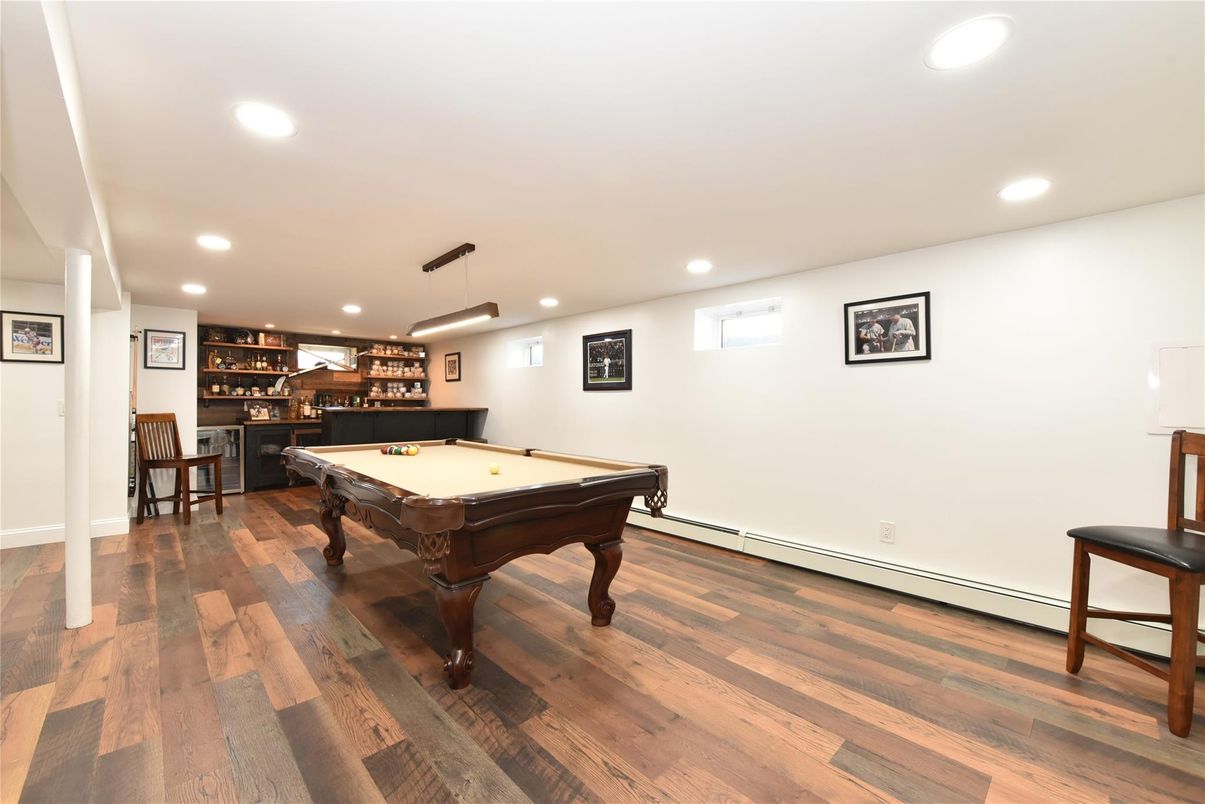 Billiard Table, Game Room, Interior, Pendant Lights, Recessed Lighting, Wood Texture Flooring