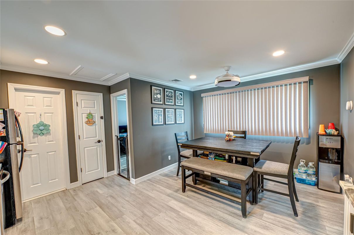 Dining room, Interior, Recessed Lighting, Wood Texture Flooring