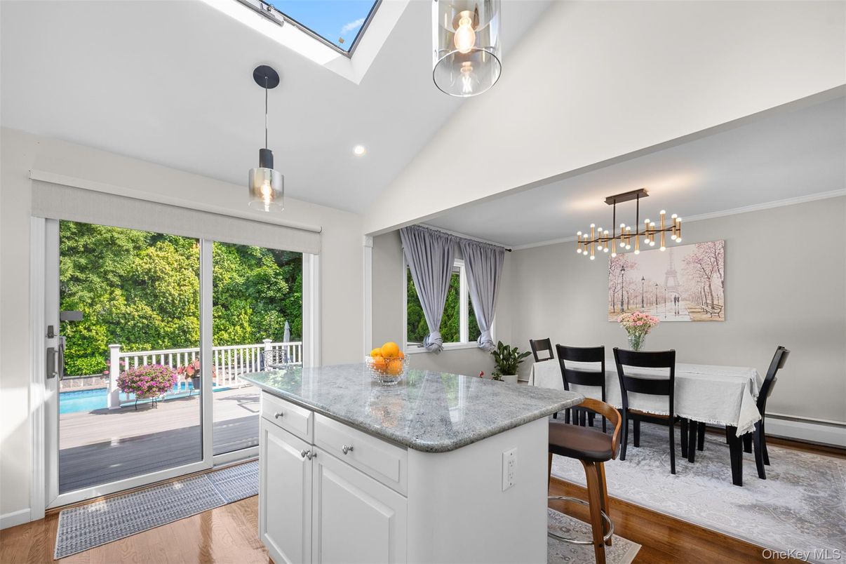 Dining room, Interior, Pendant Lights, Recessed Lighting, Wood Texture Flooring