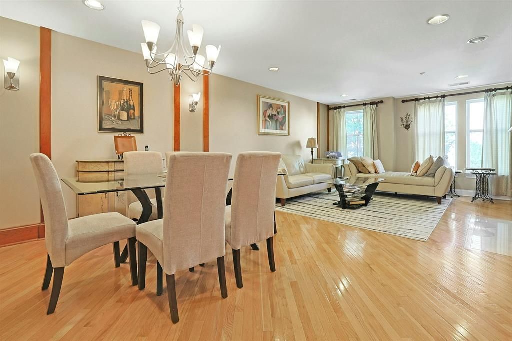 Chandelier, Dining room, Interior, Living room, Recessed Lighting, Wood Texture Flooring