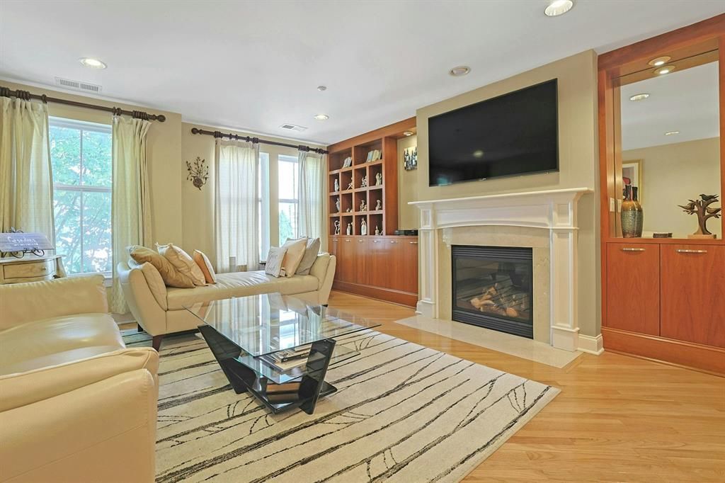 Fireplace, Interior, Living room, Recessed Lighting, Wood Texture Flooring