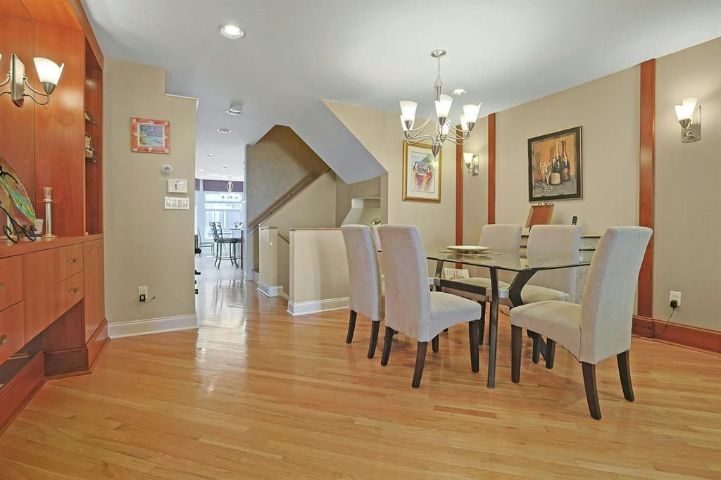 Chandelier, Dining room, Interior, Recessed Lighting, Wood Texture Flooring