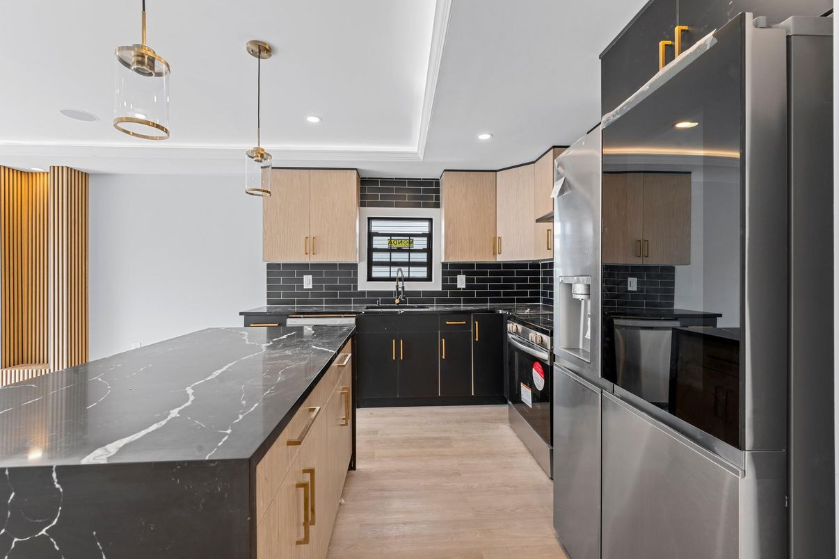 Interior, Kitchen, Pendant Lights, Recessed Lighting, Stainless Steel Appliances, Wood Texture Flooring