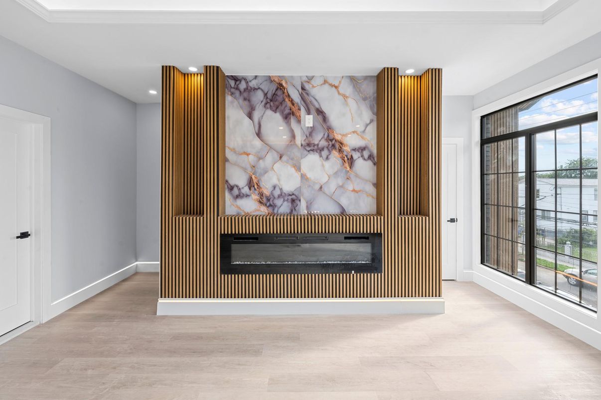 Fireplace, Interior, Recessed Lighting, Wood Texture Flooring