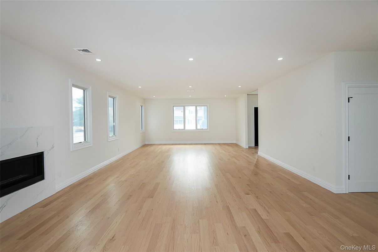 Empty room, Fireplace, Interior, Recessed Lighting, Wood Texture Flooring