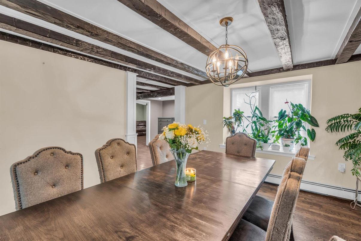 Chandelier, Dining room, Interior, Wooden Beams, Wood Texture Flooring