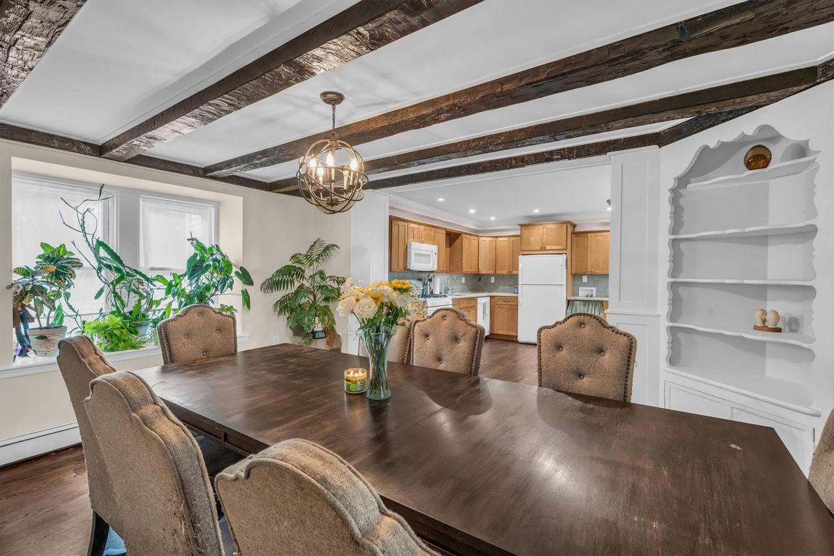 Chandelier, Dining room, Interior, Kitchen, Pendant Lights, Recessed Lighting, Wooden Beams, Wood Texture Flooring