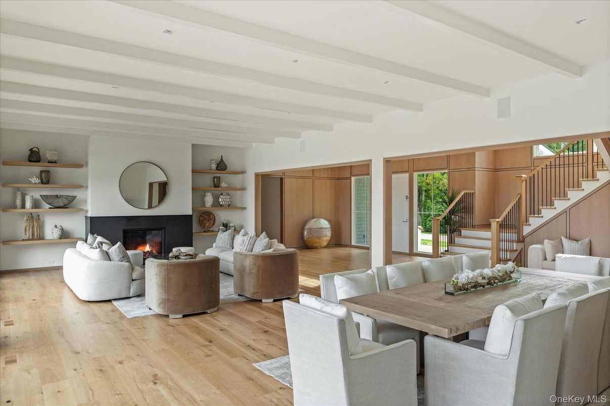 Dining room, Fireplace, Interior, Living room, Recessed Lighting, Wood Texture Flooring