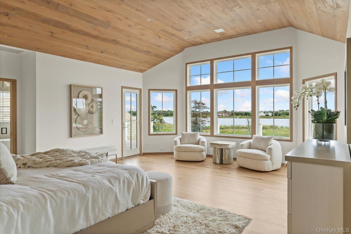 Bedroom, Interior, Recessed Lighting, Water, Wooden Ceilings, Wood Texture Flooring