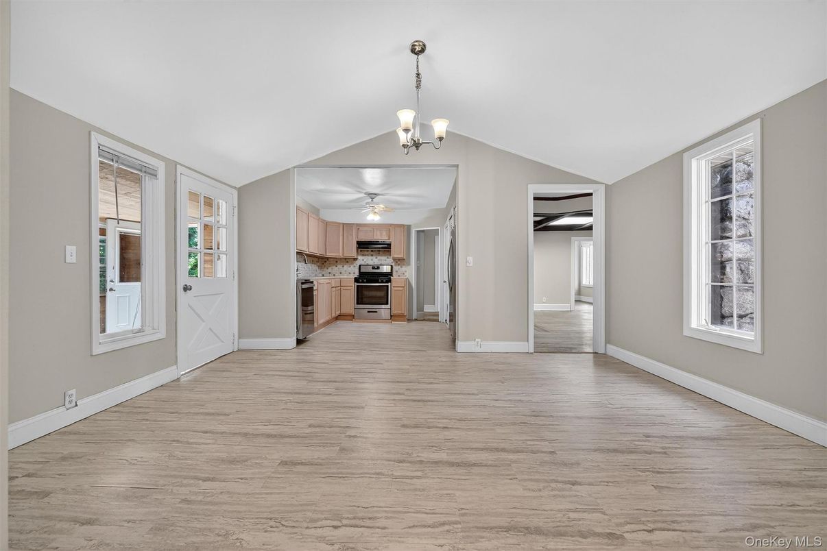 Chandelier, Empty room, Interior, Kitchen, Stainless Steel Appliances, Wood Texture Flooring