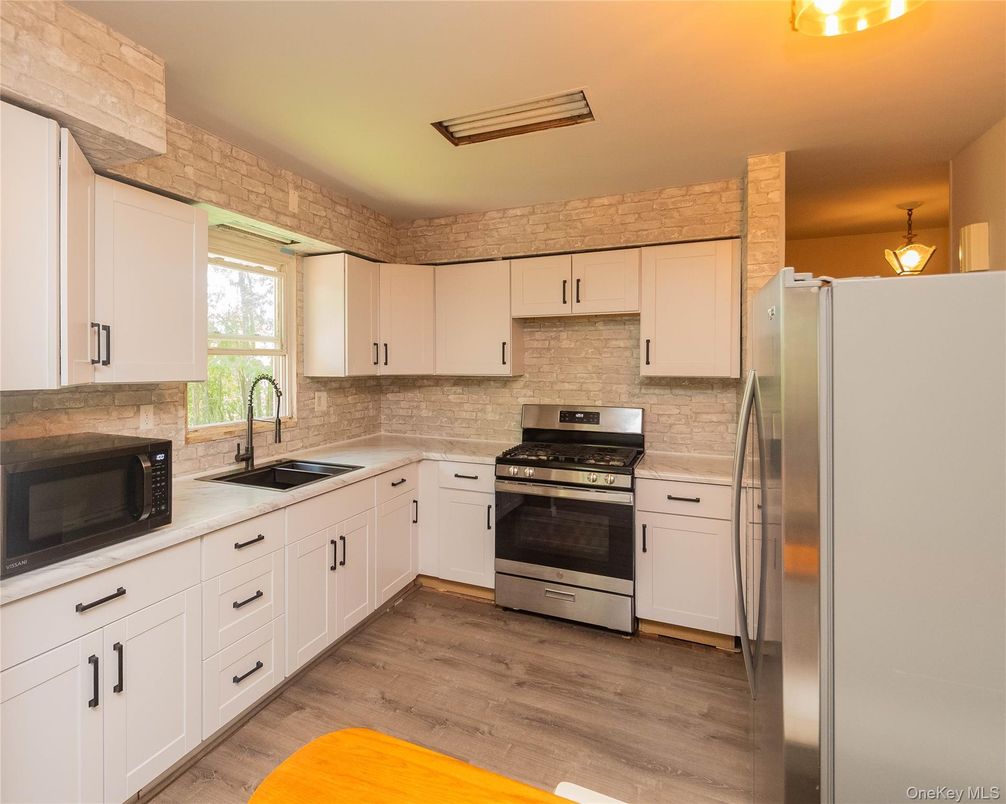 Interior, Kitchen, Stainless Steel Appliances, Stone Walls, Wood Texture Flooring