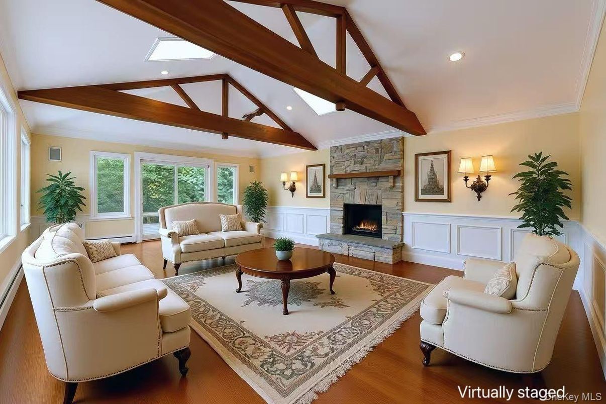 Fireplace, Interior, Living room, Recessed Lighting, Stone Walls, Wooden Beams, Wood Texture Flooring