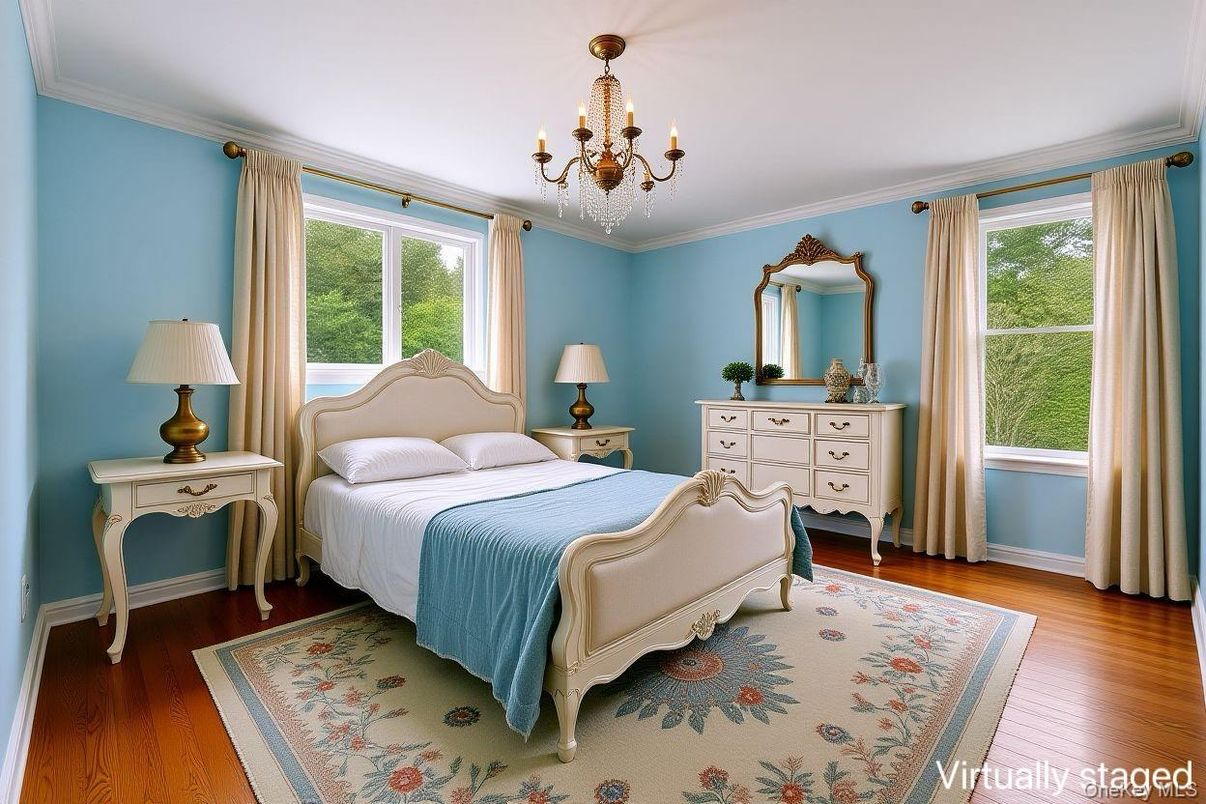 Bedroom, Chandelier, Interior, Wood Texture Flooring