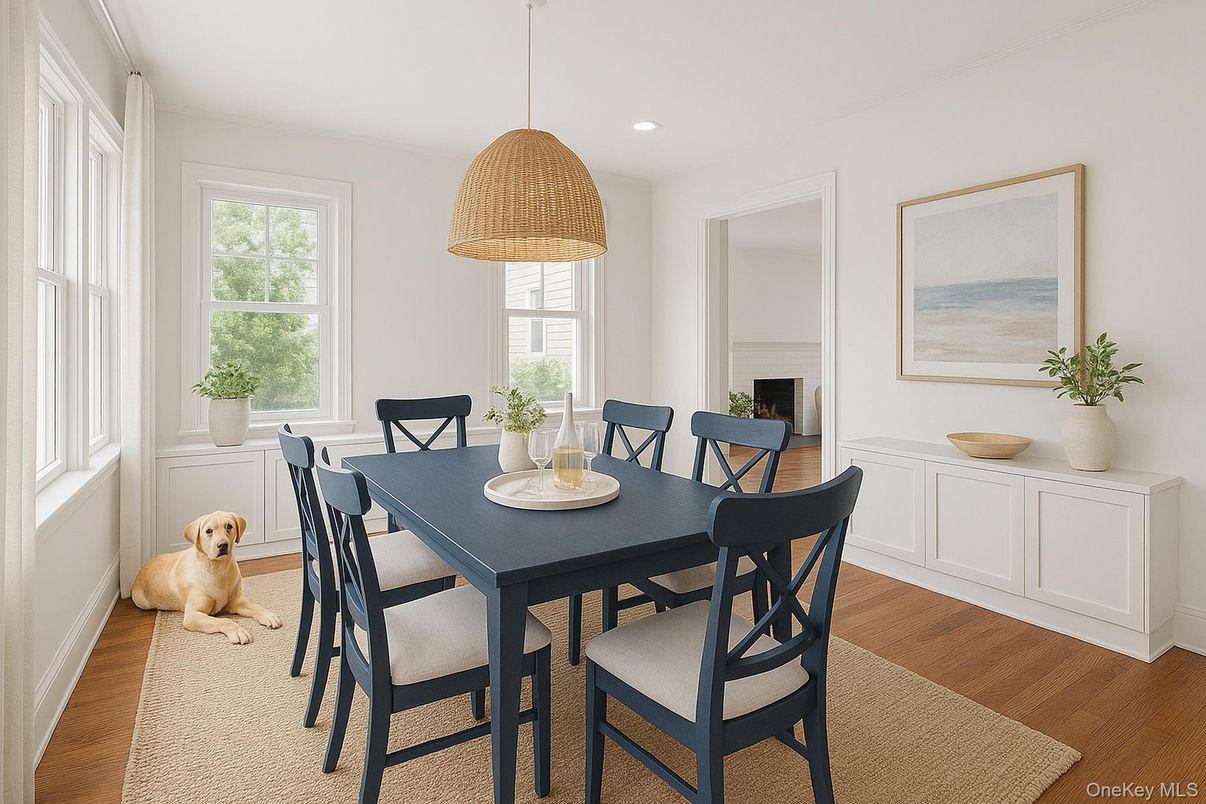 Dining room, Interior, Pendant Lights, Recessed Lighting, Wood Texture Flooring