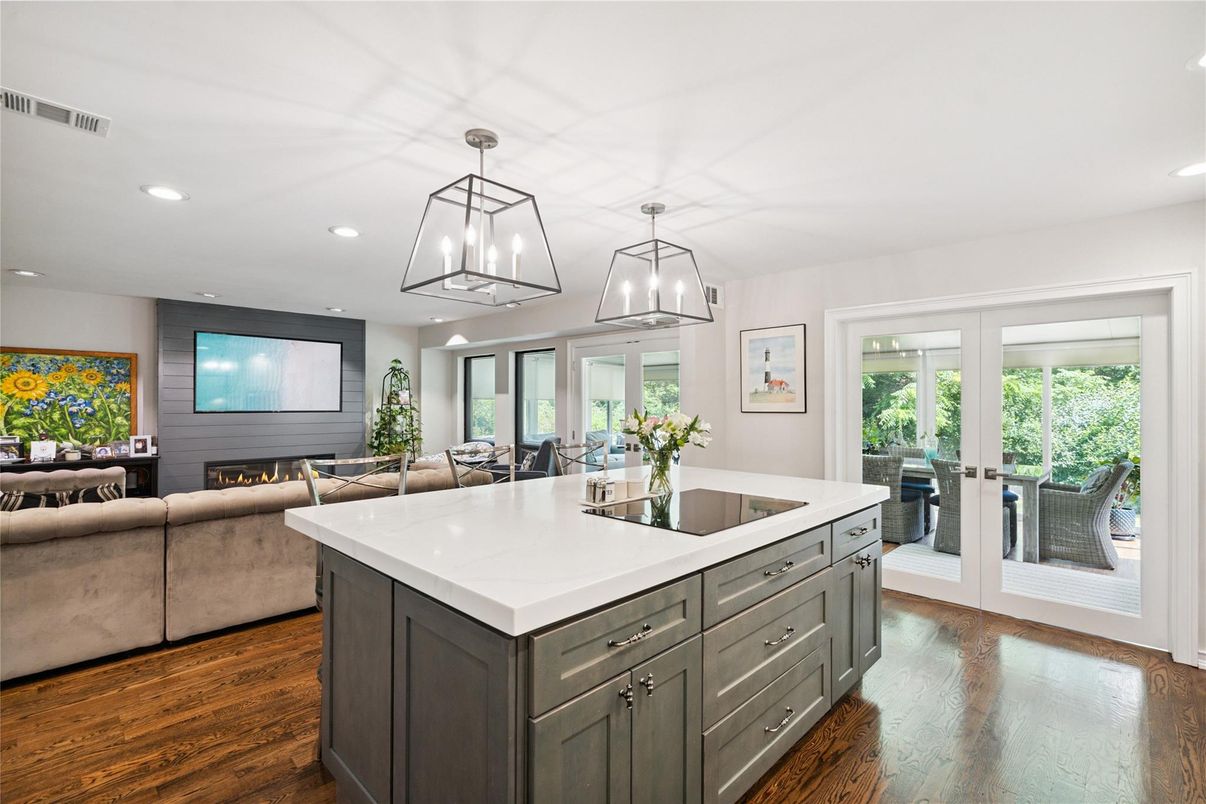 Dining room, Fireplace, Interior, Kitchen, Living room, Pendant Lights, Recessed Lighting, Wood Texture Flooring