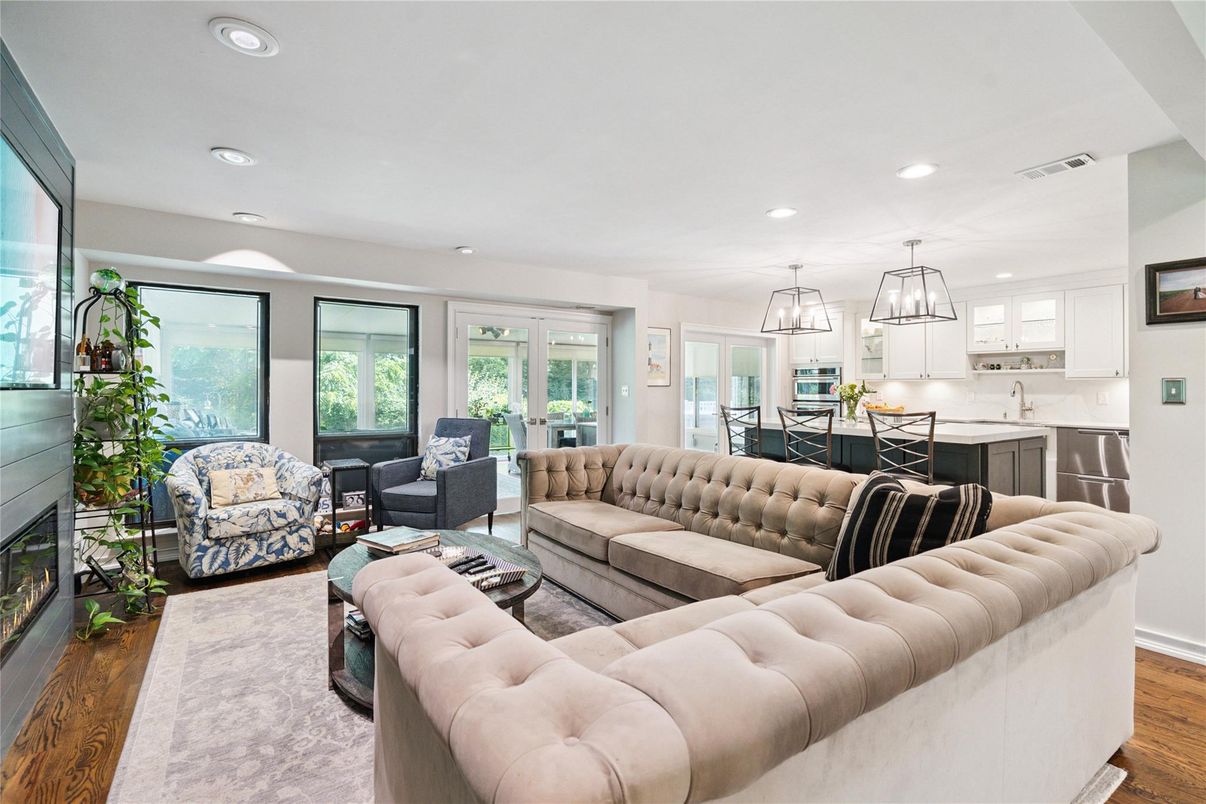 Dining room, Fireplace, Interior, Kitchen, Living room, Pendant Lights, Recessed Lighting, Wood Texture Flooring