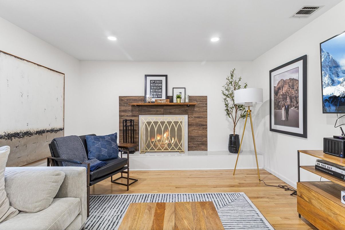 Fireplace, Interior, Recessed Lighting, Wood Texture Flooring