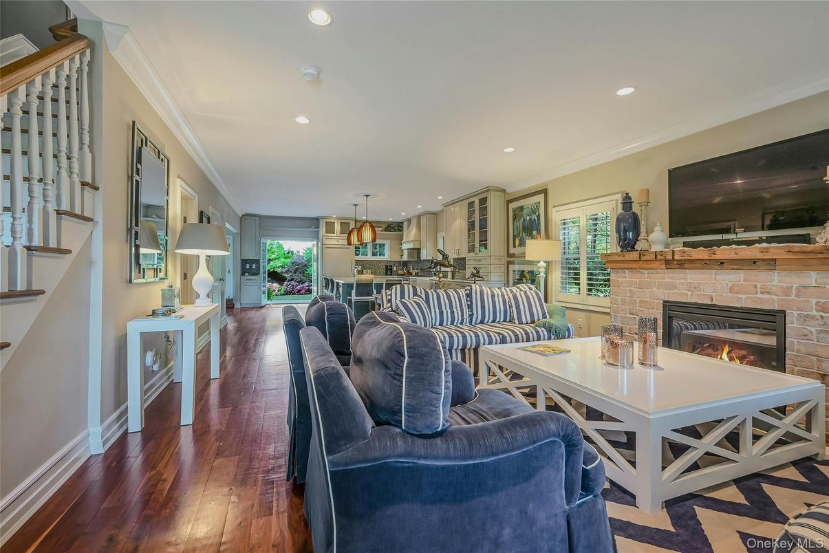 Dining room, Fireplace, Interior, Kitchen, Living room, Pendant Lights, Recessed Lighting, Wood Texture Flooring