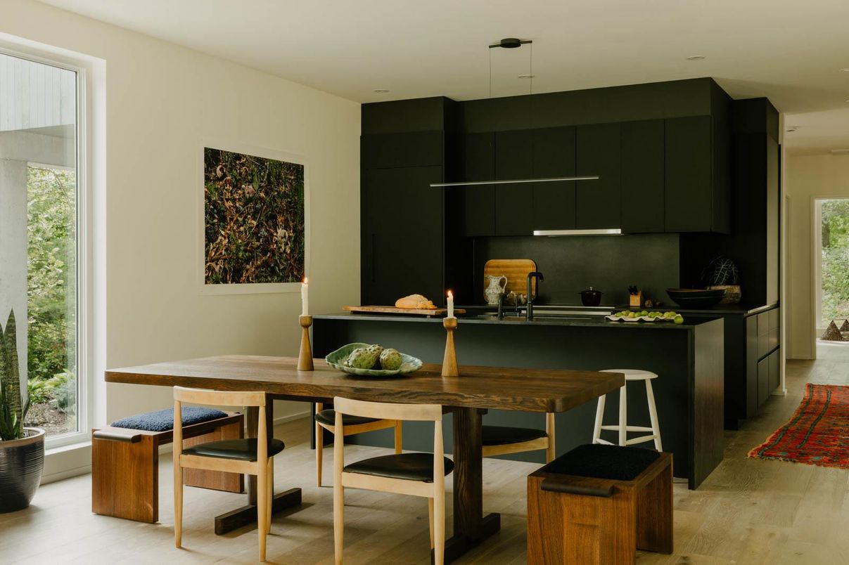 Dining room, Interior, Kitchen, Pendant Lights, Recessed Lighting, Wood Texture Flooring