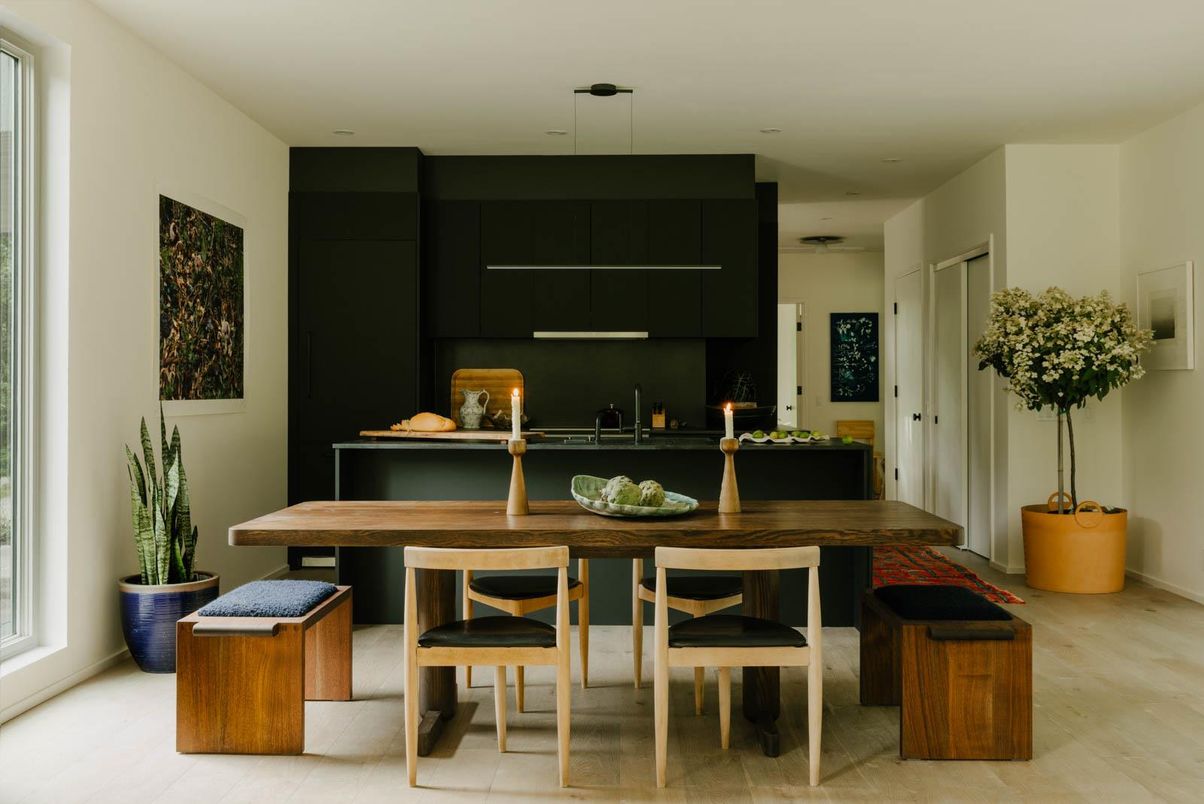 Dining room, Interior, Kitchen, Pendant Lights, Recessed Lighting, Wood Texture Flooring