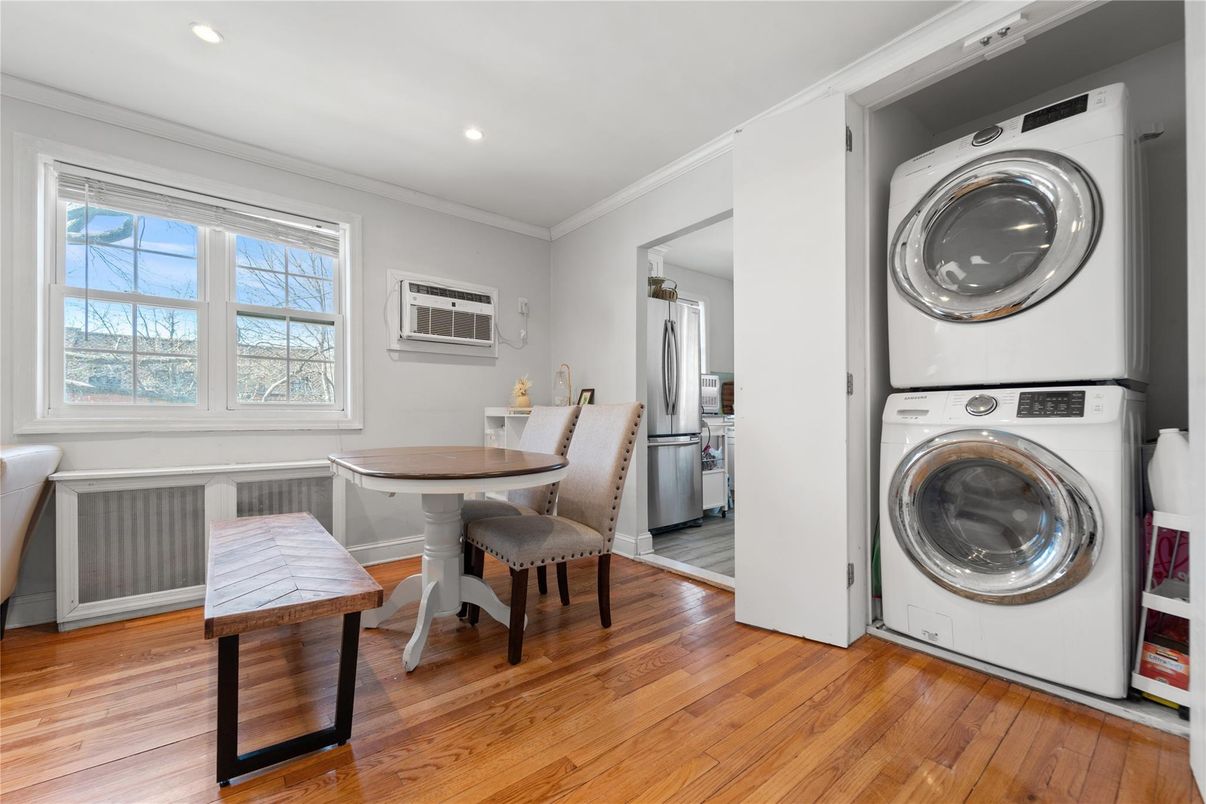 Dining room, Interior, Recessed Lighting, Utility Closets, Washer, Wood Texture Flooring