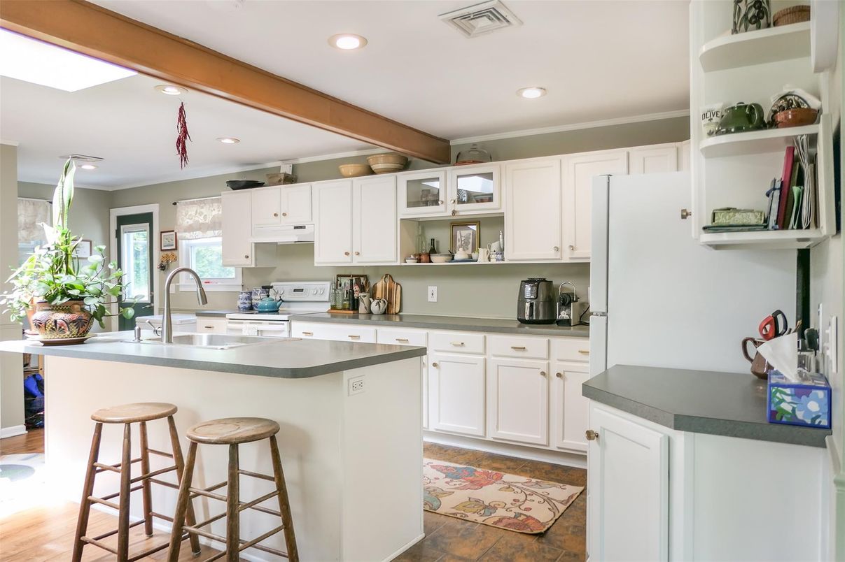 Interior, Kitchen, Recessed Lighting, Wooden Beams, Wood Texture Flooring