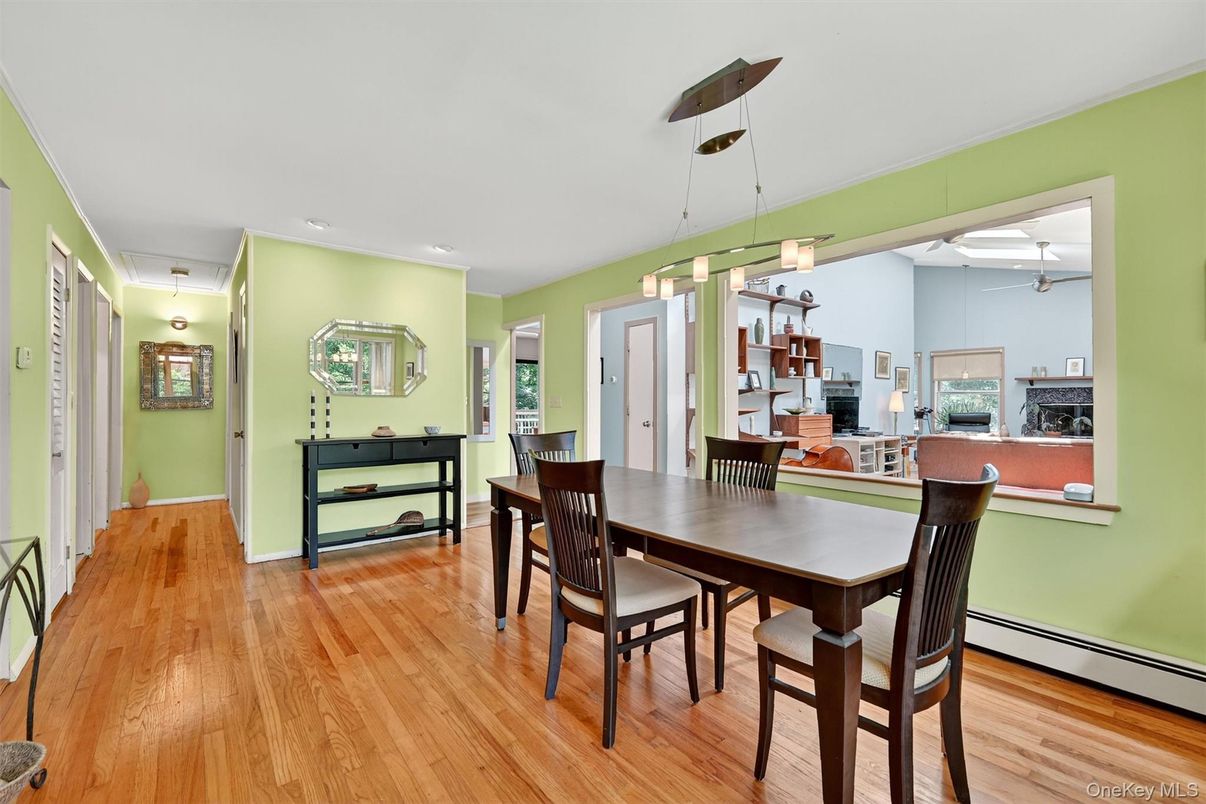 Dining room, Interior, Pendant Lights, Recessed Lighting, Wood Texture Flooring