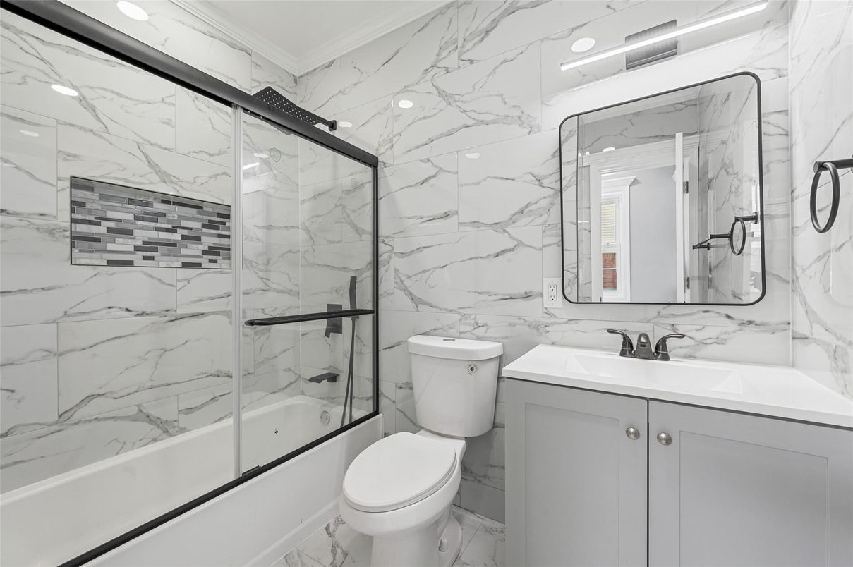 Bathroom, Glass Shower, Interior, Marble, Marble Walls, Recessed Lighting