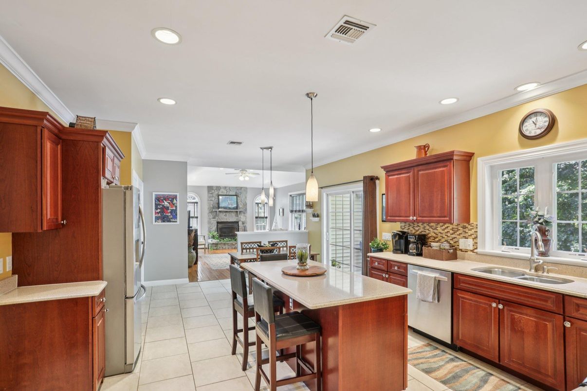 Dining room, Fireplace, Interior, Kitchen, Pendant Lights, Recessed Lighting, Stainless Steel Appliances