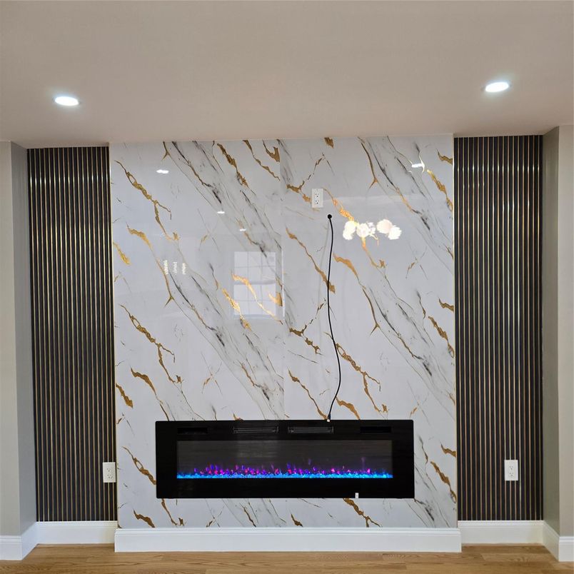 Fireplace, Interior, Marble Walls, Recessed Lighting, Wood Texture Flooring