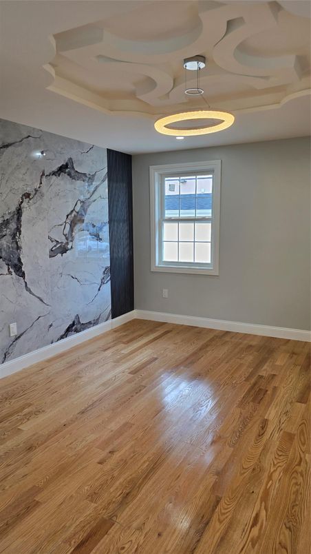 Empty room, Interior, Marble Walls, Pendant Lights, Wood Texture Flooring