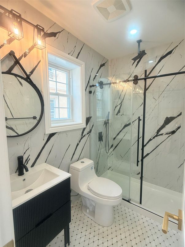 Bathroom, Glass Shower, Interior, Marble Walls, Recessed Lighting