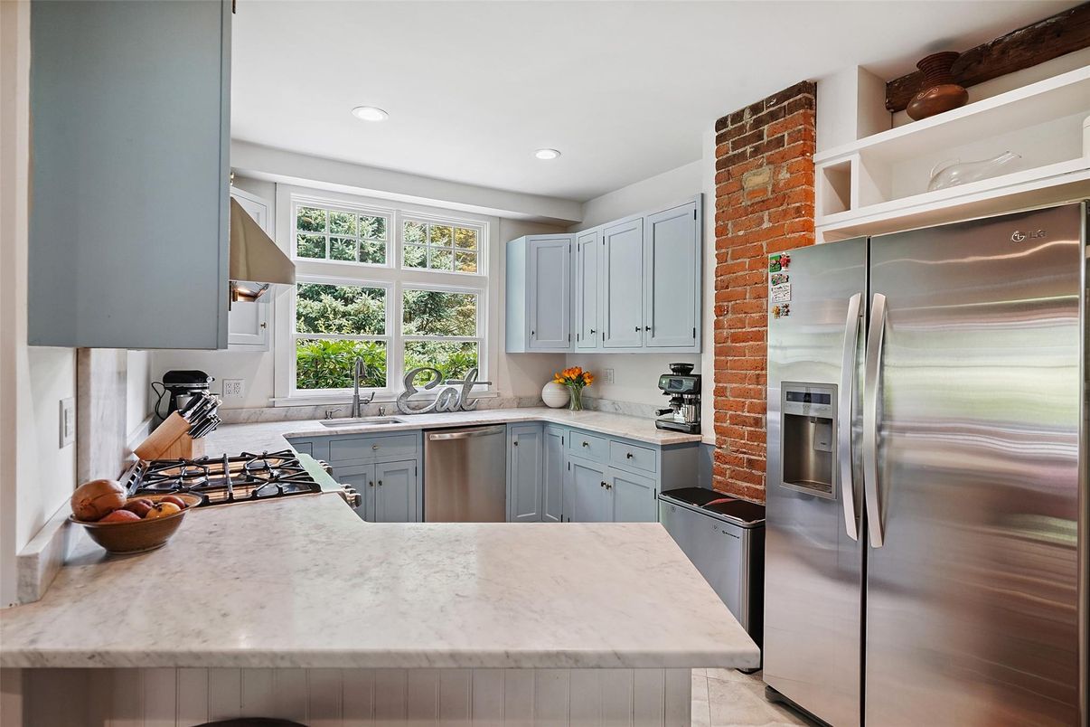 Interior, Kitchen, Recessed Lighting, Stainless Steel Appliances, Stone Walls