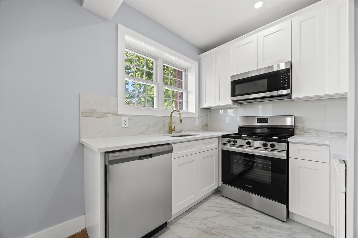 Interior, Kitchen, Marble, Marble Walls, Recessed Lighting, Stainless Steel Appliances