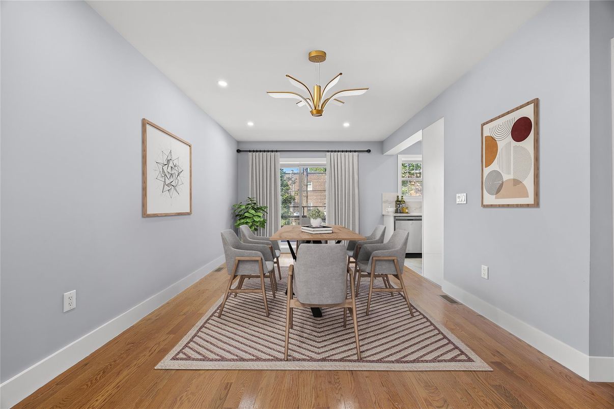 Dining room, Interior, Pendant Lights, Recessed Lighting, Wood Texture Flooring