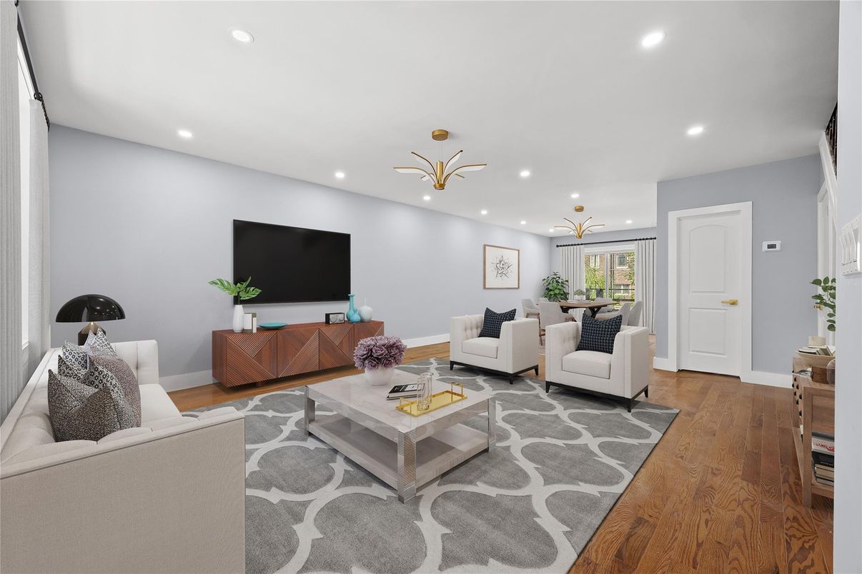 Dining room, Interior, Living room, Pendant Lights, Recessed Lighting, Wood Texture Flooring