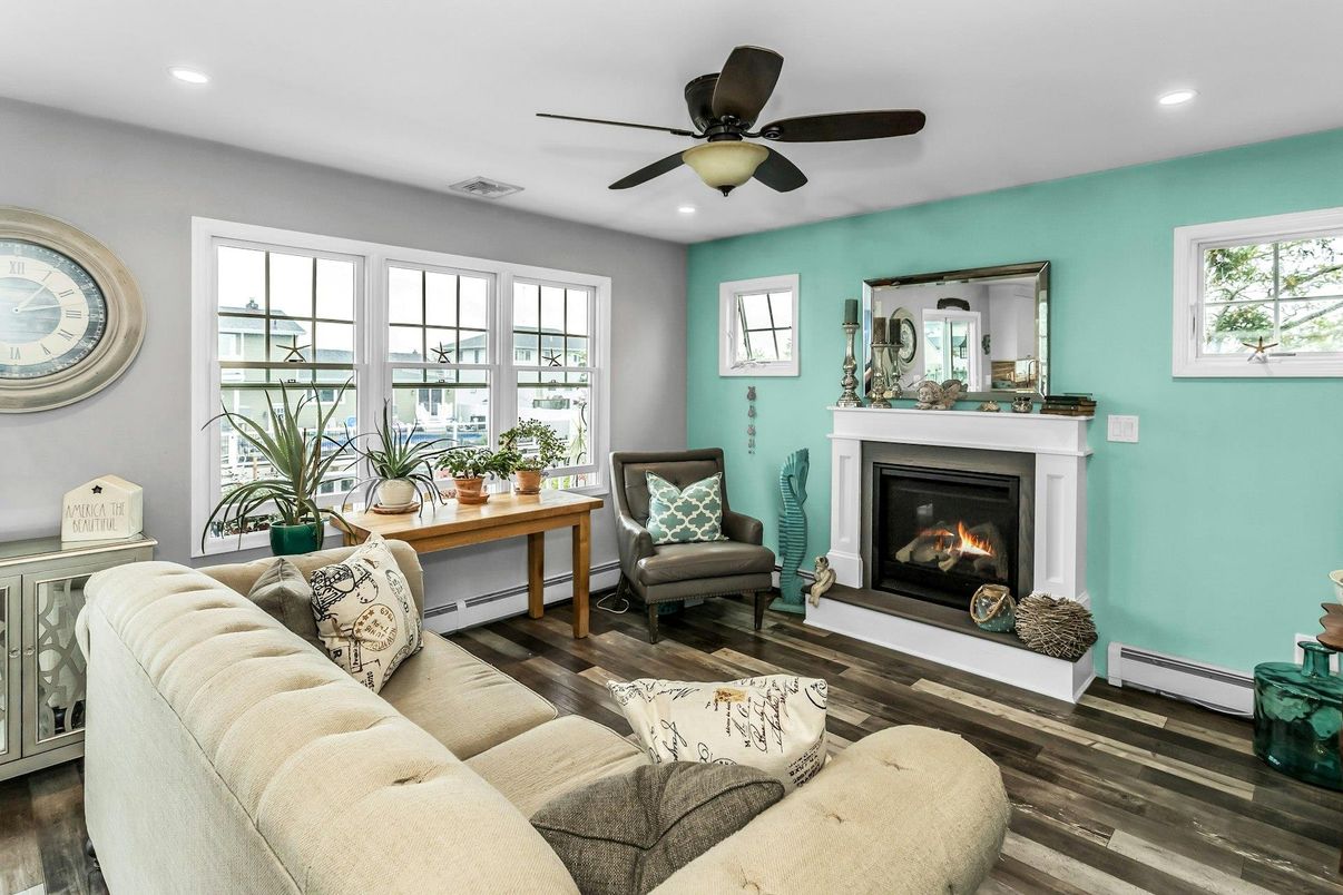 Fireplace, Interior, Living room, Recessed Lighting, Wood Texture Flooring