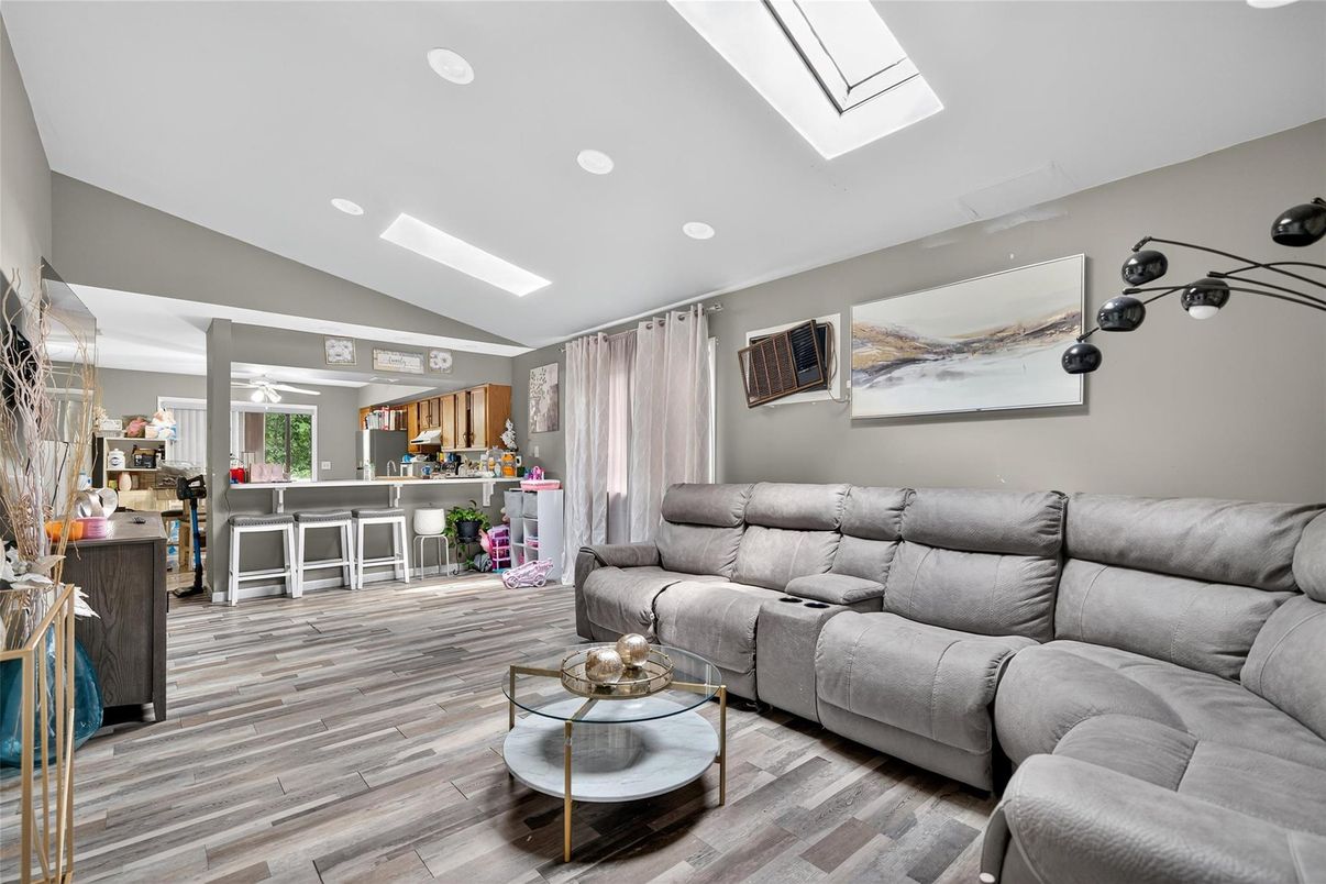Interior, Kitchen, Living room, Recessed Lighting, Wood Texture Flooring