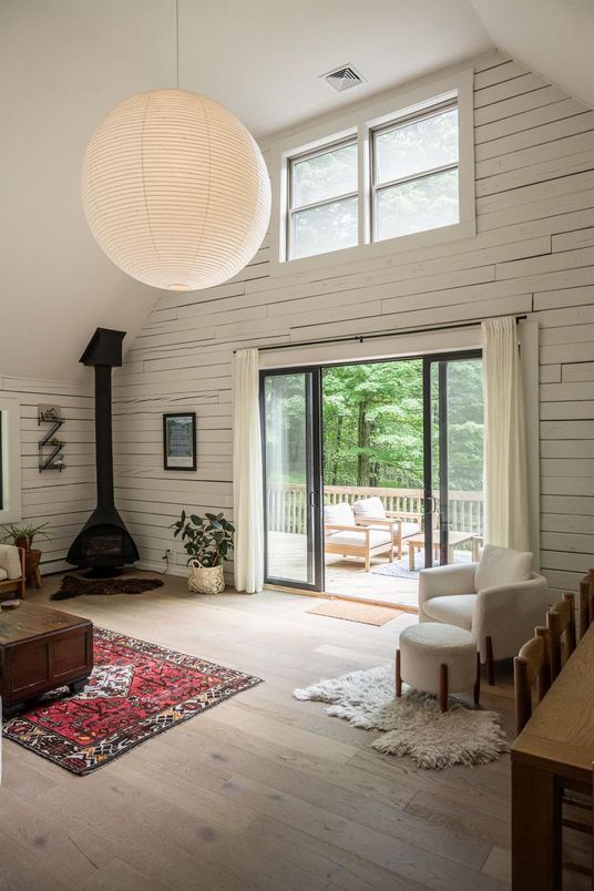 Fireplace, Interior, Pendant Lights, Stone Walls, Wood Texture Flooring