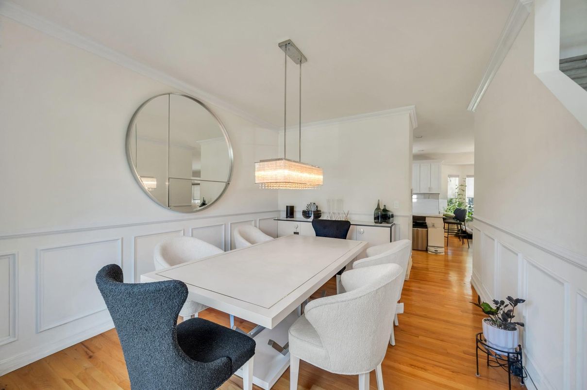 Dining room, Interior, Pendant Lights, Wood Texture Flooring