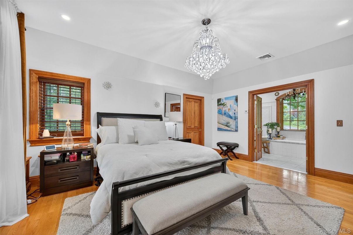 Bedroom, Chandelier, Interior, Recessed Lighting, Wood Texture Flooring
